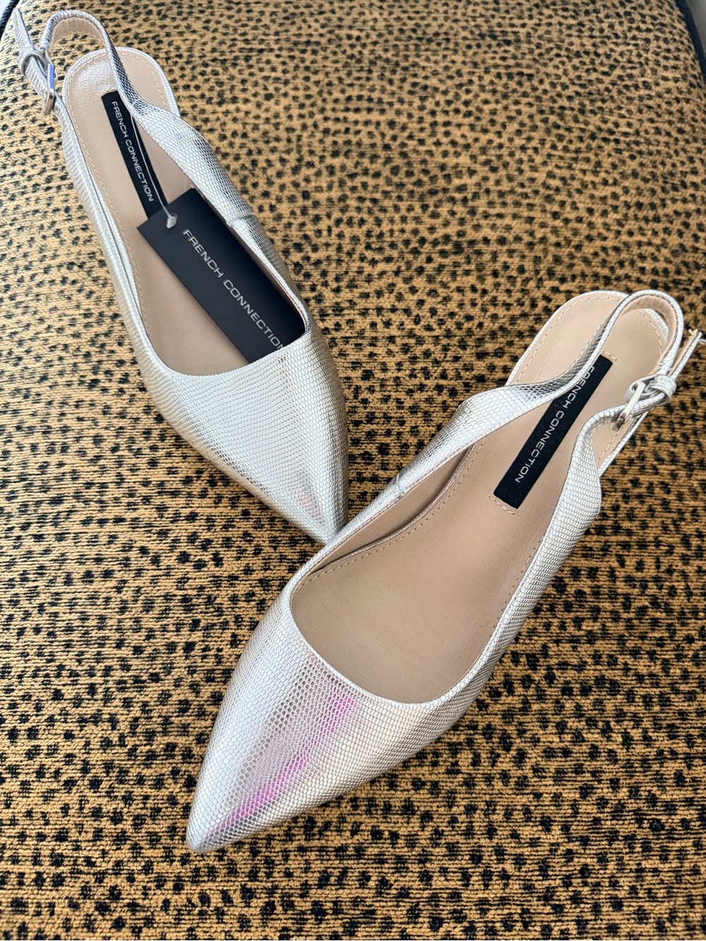 French Connection Silver Pointed Slingback Mules